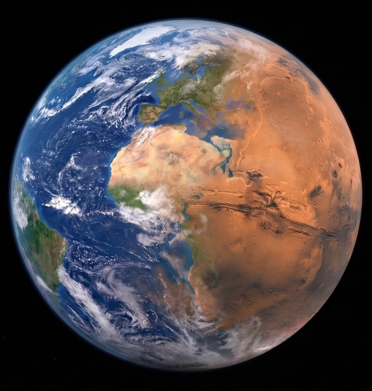 A planet transitioning from Earth to Mars.